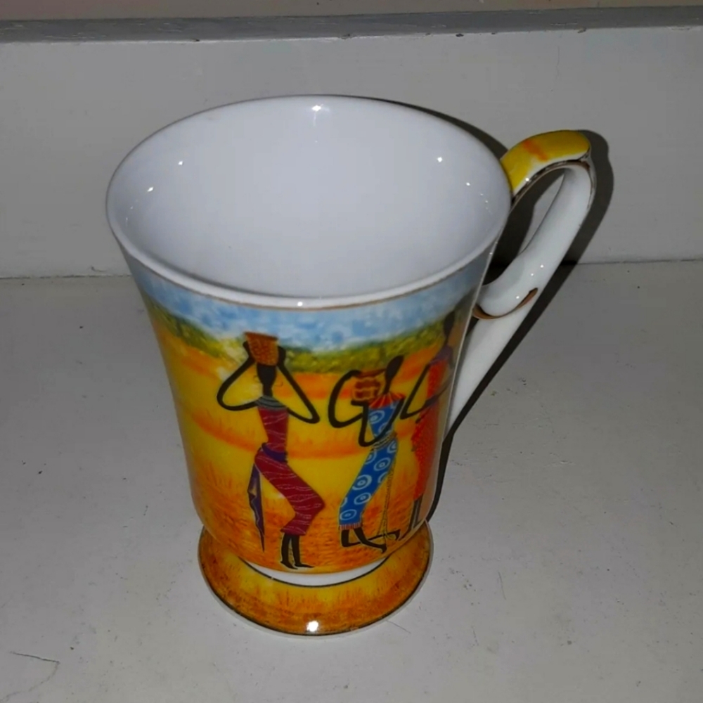 Heritage By Jay Mug, with a landscape and figurines of African woman, 4.5'' Tall